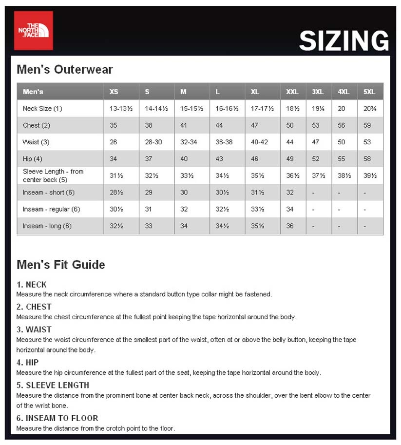 the north face size chart 