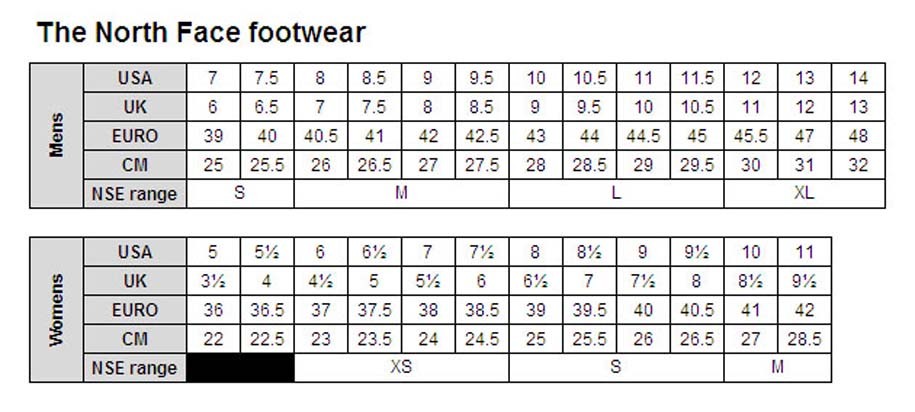 north face size chart shoes benigno 