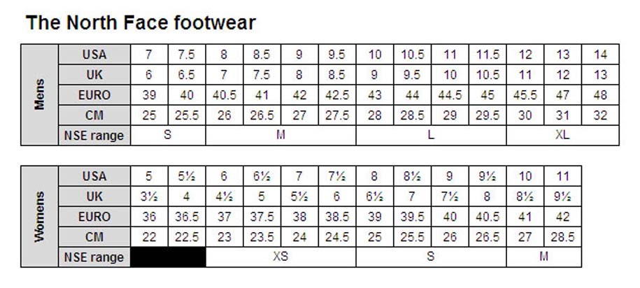 the north face shoes size chart