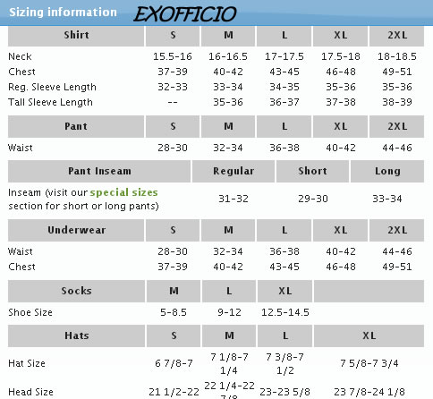 Ex Officio Women S Size Chart