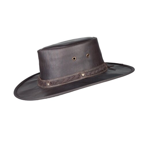 Barmah Foldaway Squashy Crackle Kangaroo Leather Hat - Dark Brown