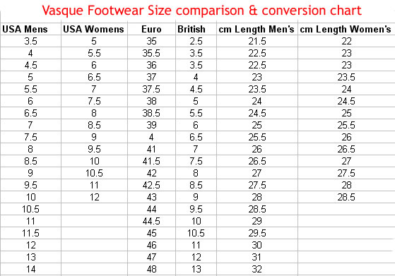 Vasque Shoe Size Chart