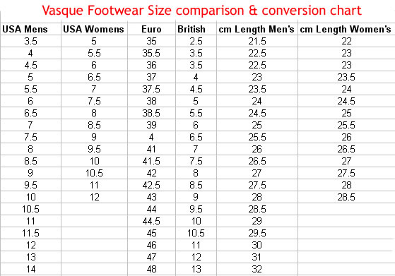 Vasque Size Chart