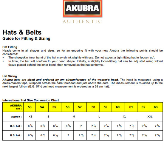 Akubra Hat Size Chart