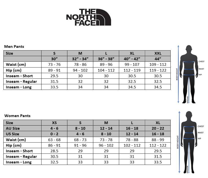 north face men's pants size chart