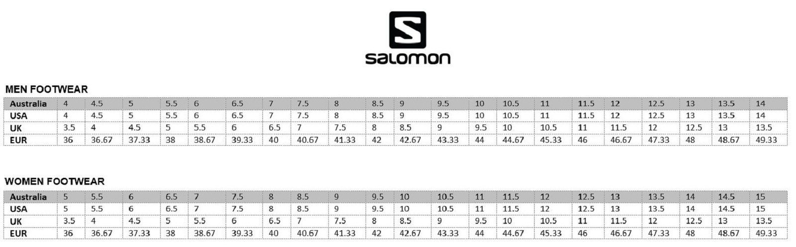 Salomon Footwear Size Chart