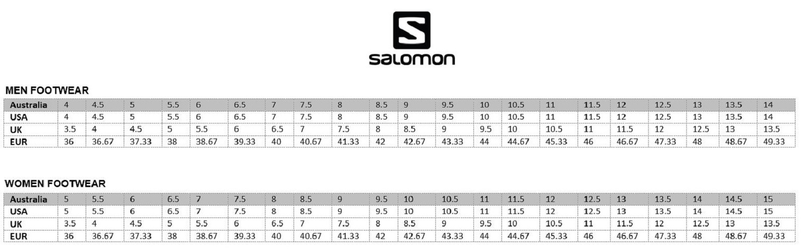 Salomon Footwear Size Chart