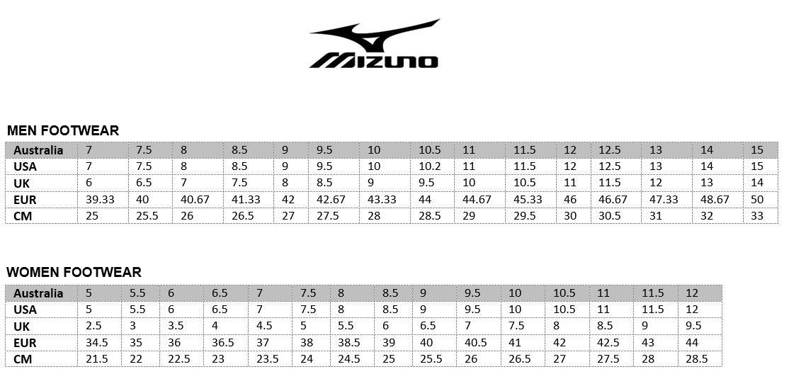mizuno women's shoe size chart