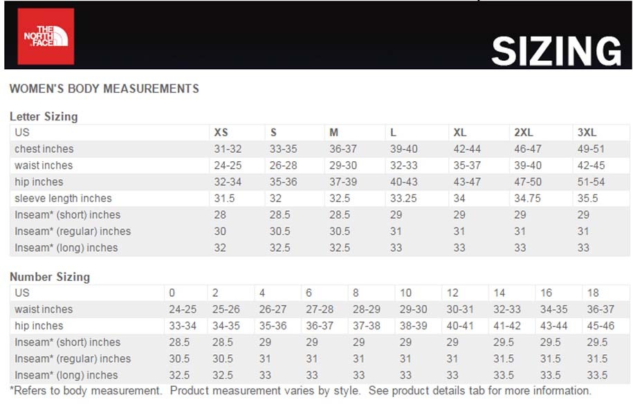 north face chest size chart