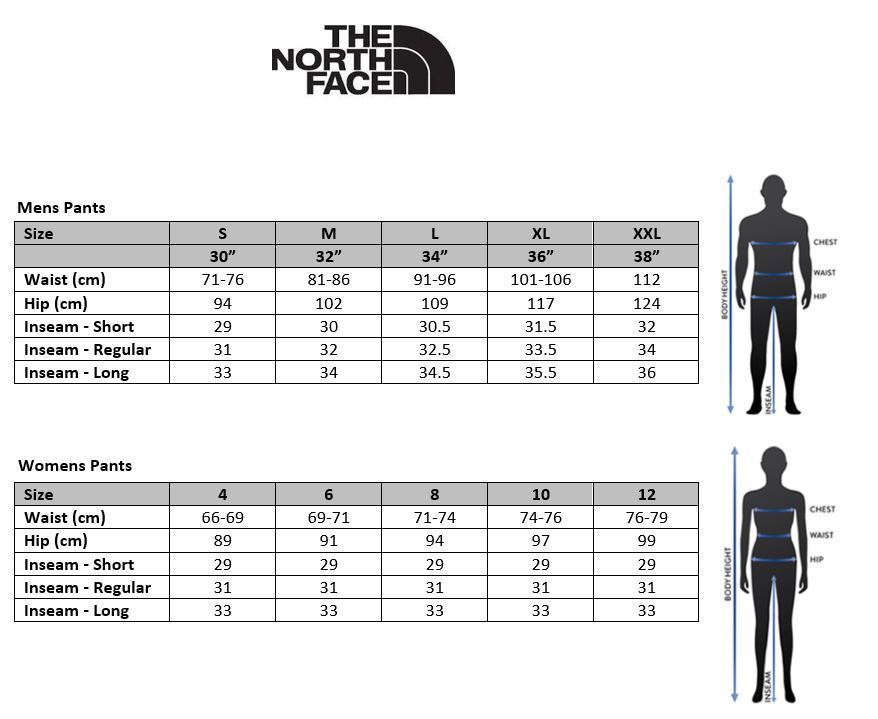 north face women's pants size chart