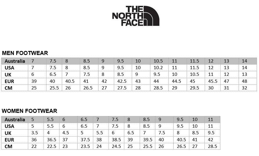 north face shoe sizing