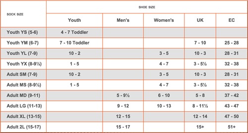 reebok sock size chart