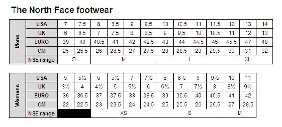 the north face footwear size chart