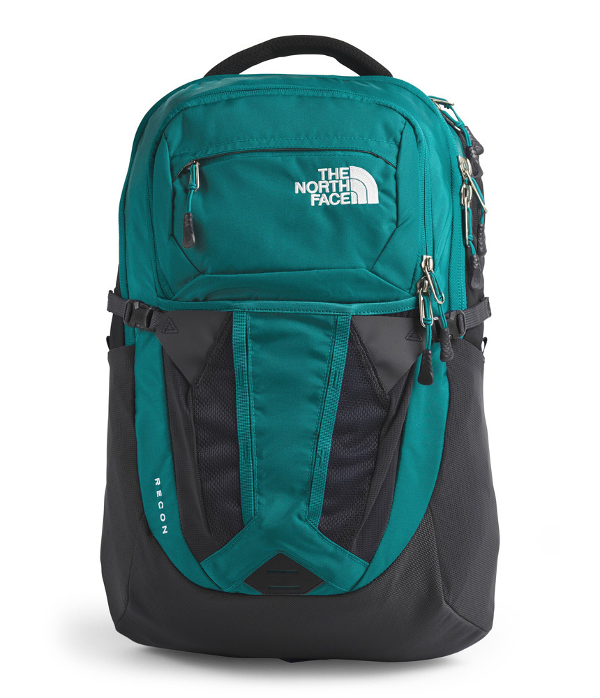 grey and teal north face backpack