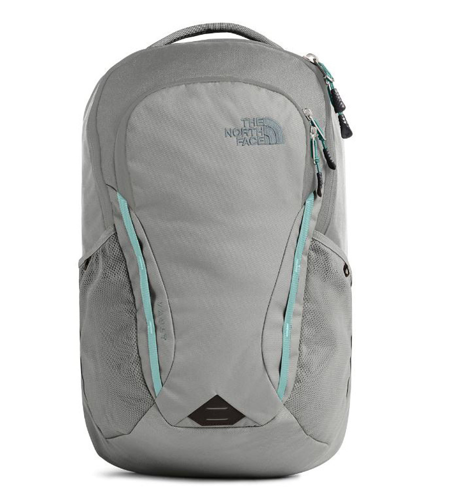 gray and teal north face backpack