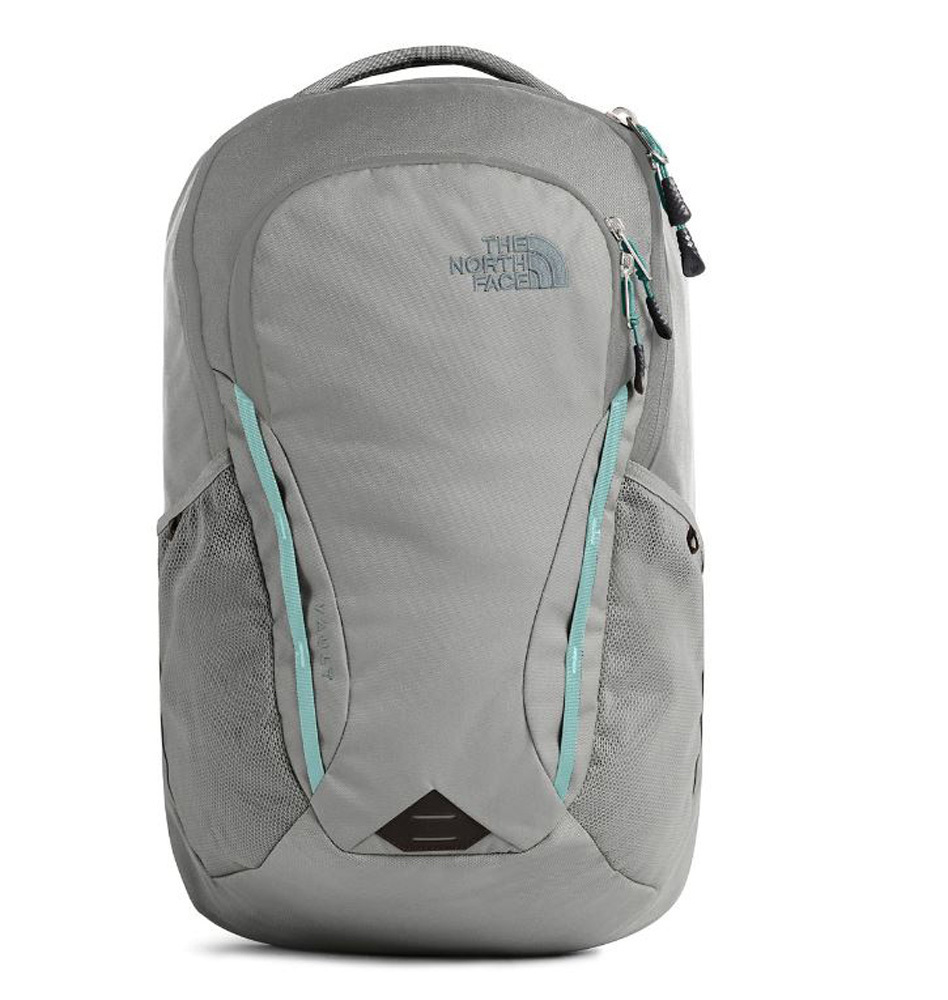 gray and blue north face backpack