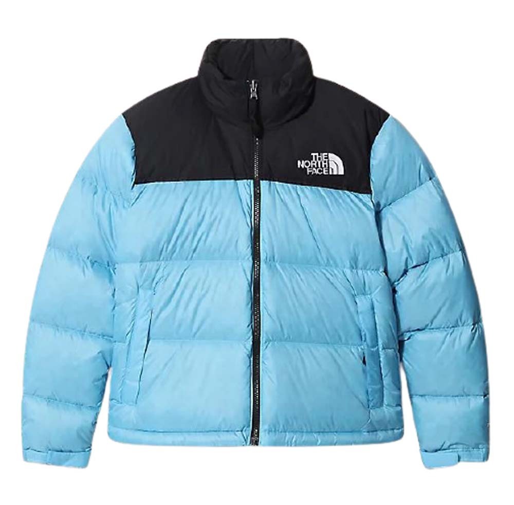 blue and white north face jacket