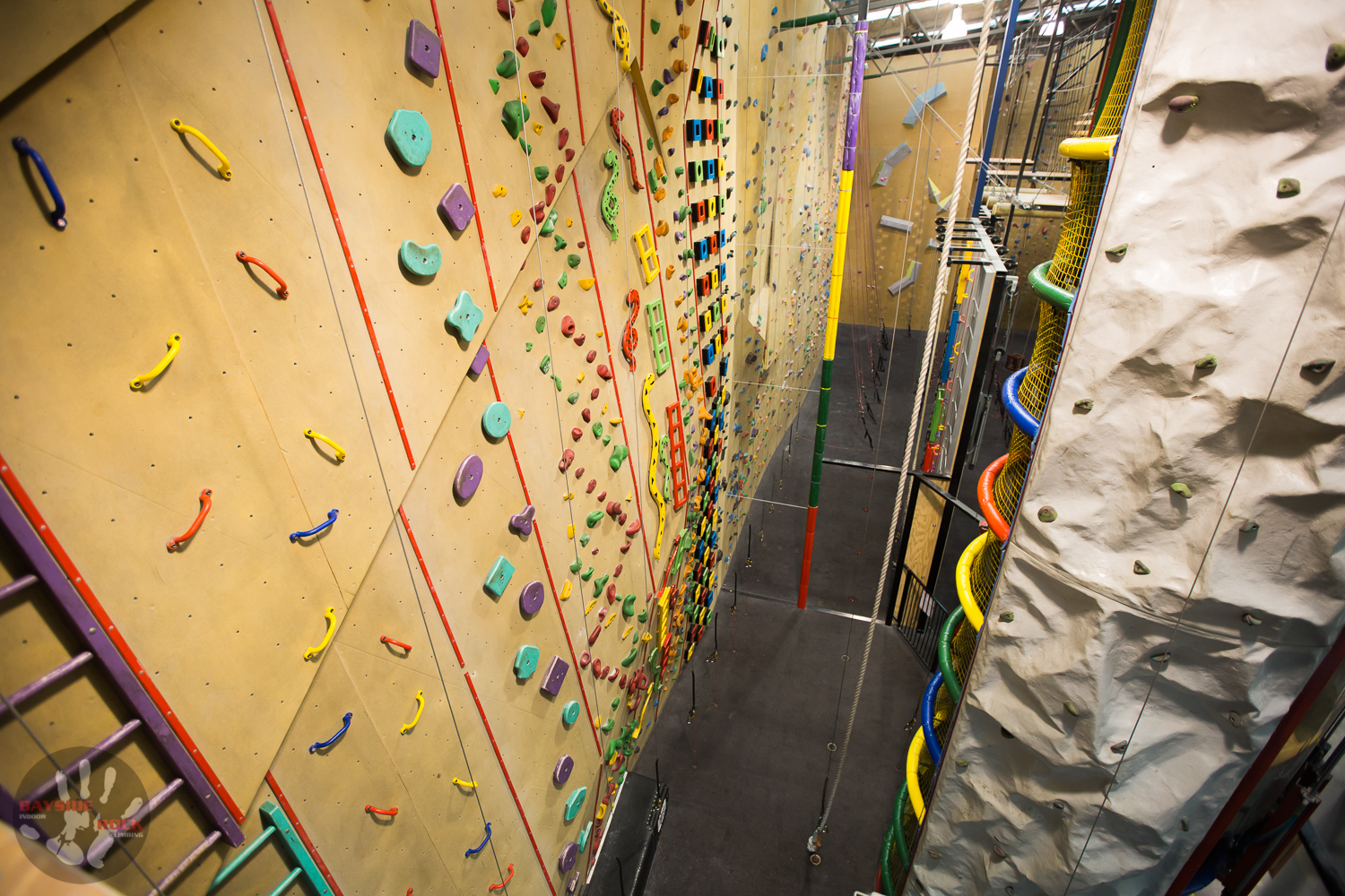 Bayside Climbing Gym with top rope routes pictured and a variety of hold styles.