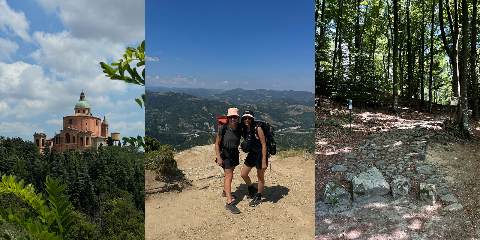 Lauren and Justine at a summit, rocky pathway and a cathedral 