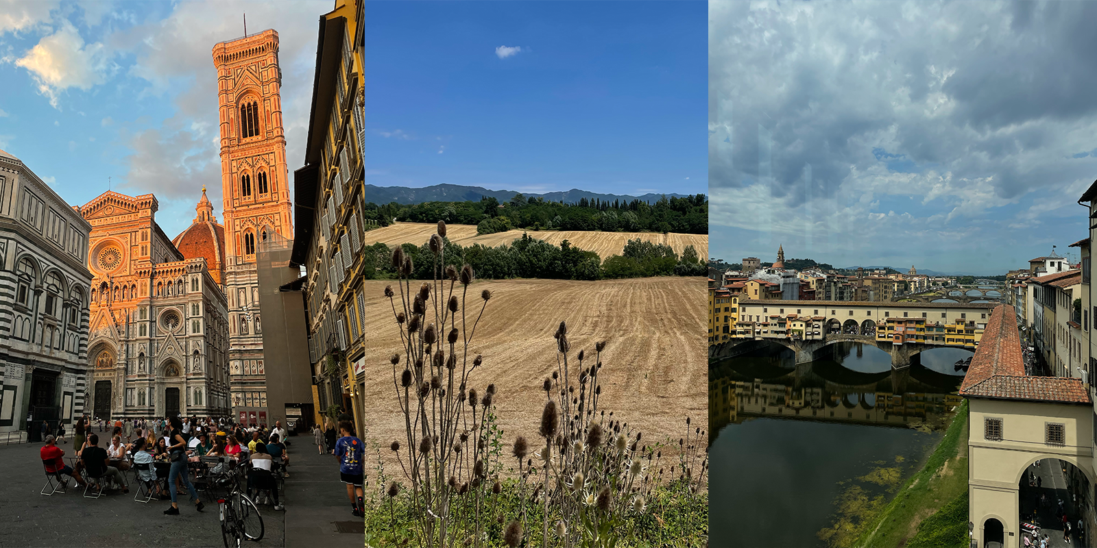 Image of a cathedral, image of the Italian countryside and image of a bridge in a village