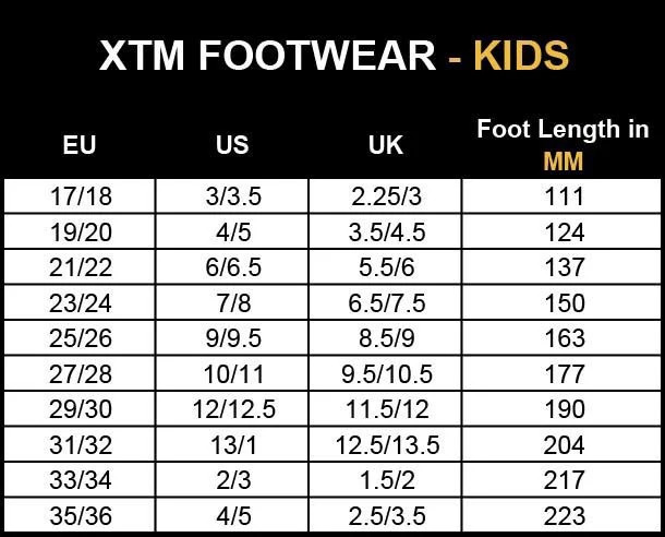 XTM Footwear Kids Size Guide
