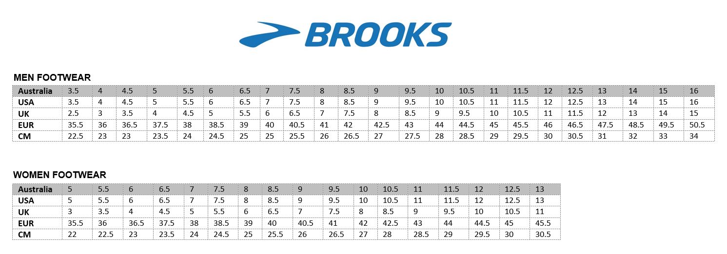 brooks shoe size chart