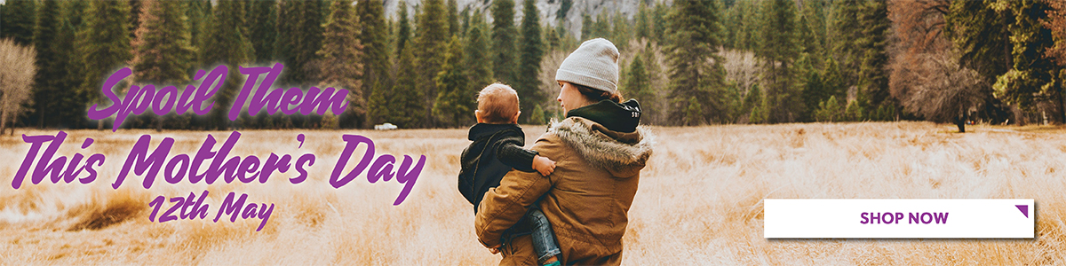 Spoil them this Mother's Day 12 May: Image of a mother and her baby in a field with pine trees