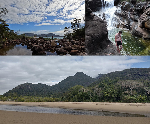 Creek crossings, Tristan at a waterfall and mountain views