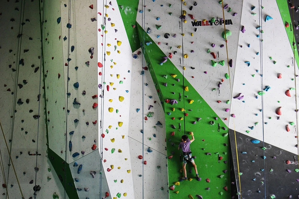 Inside Crank Climbing gym - white and green walls with people climbing on ropes pictured