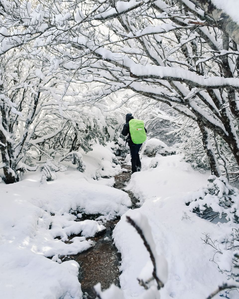 Hiker walking along the creek in the snow