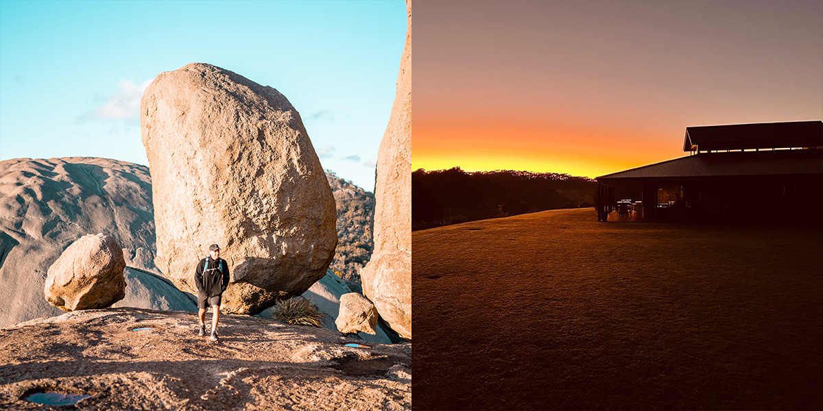 Left: Balancing Rock at Girraween NP / Right: Sunset over the hills