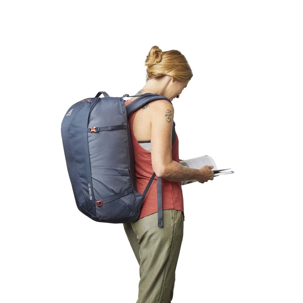 Woman wearing Gregory Detour 40L Pack in Grey