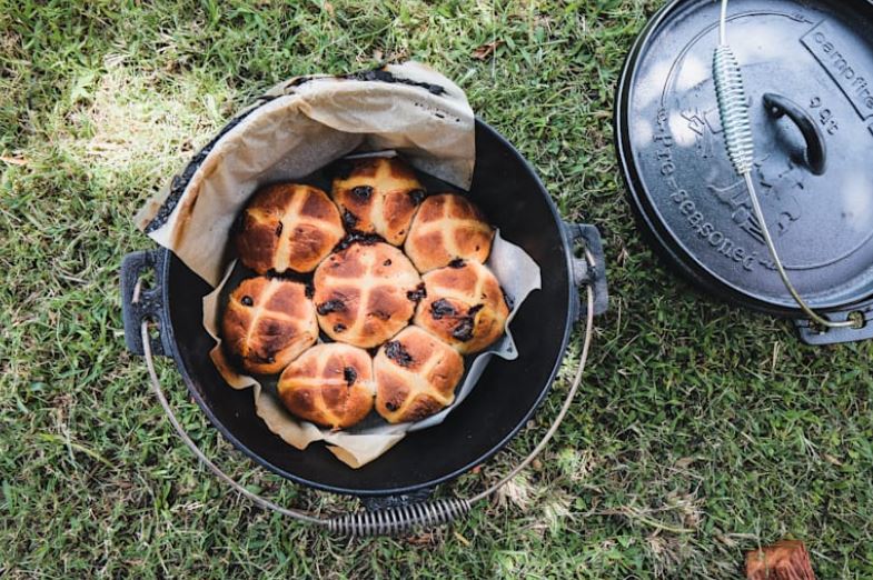 Hot Cross Buns in a Cast Iron Pot on the grass