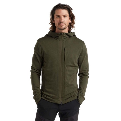 Man wearing Icebreaker Merino Quantum III Hoodie in Khaki Green