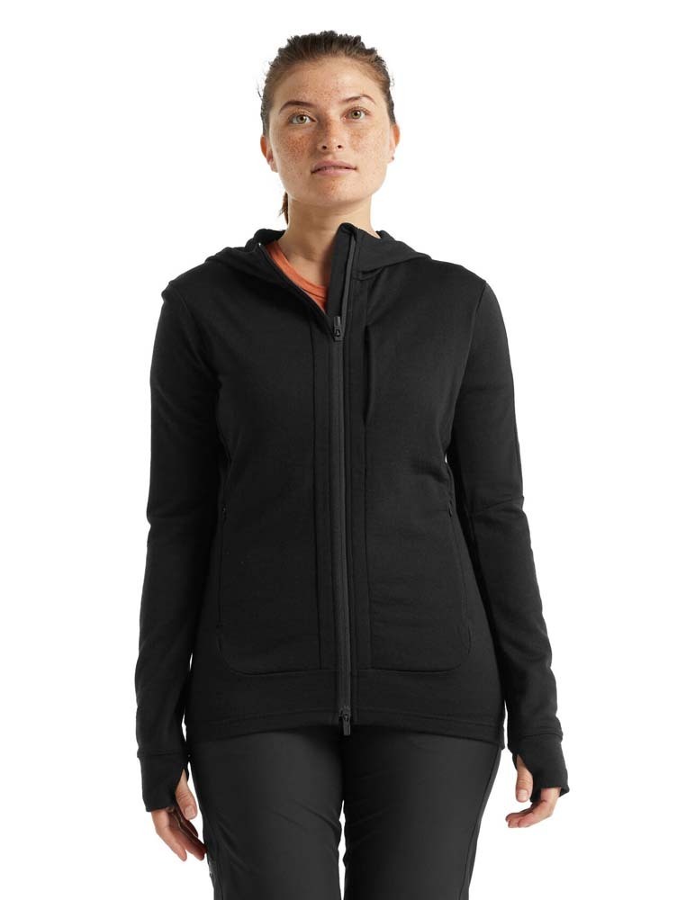 Woman wearing Icebreaker Merino Quantum III L/S Full Zip Womens Hoodie - Black 