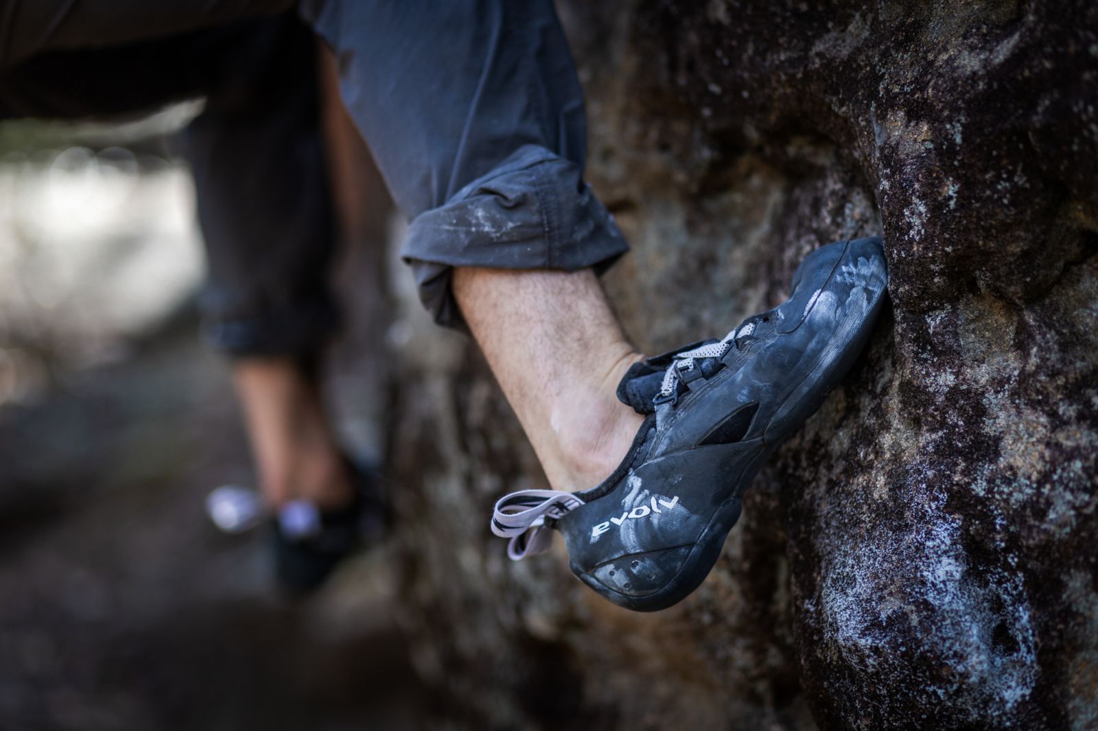 Climber using Evolv climbing shoes