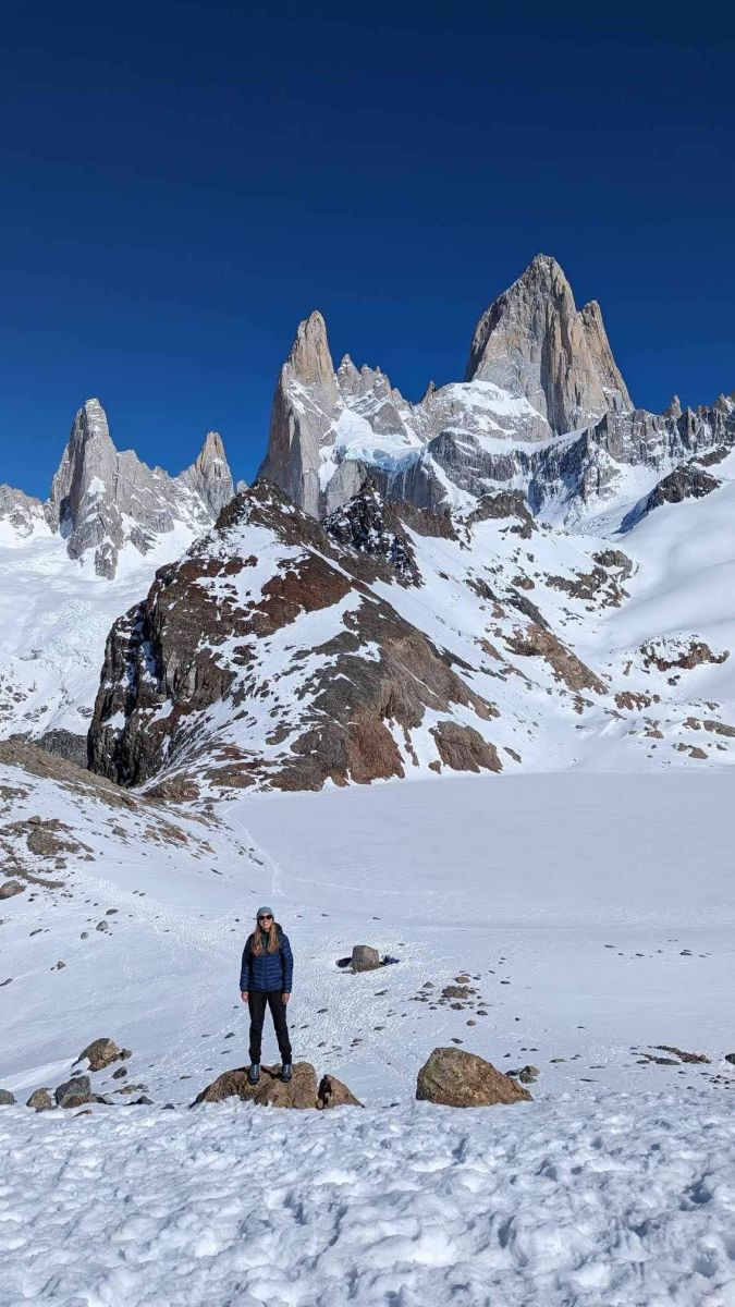 Jess at Laguna Los Tres with Mount Fitz Roy in the background