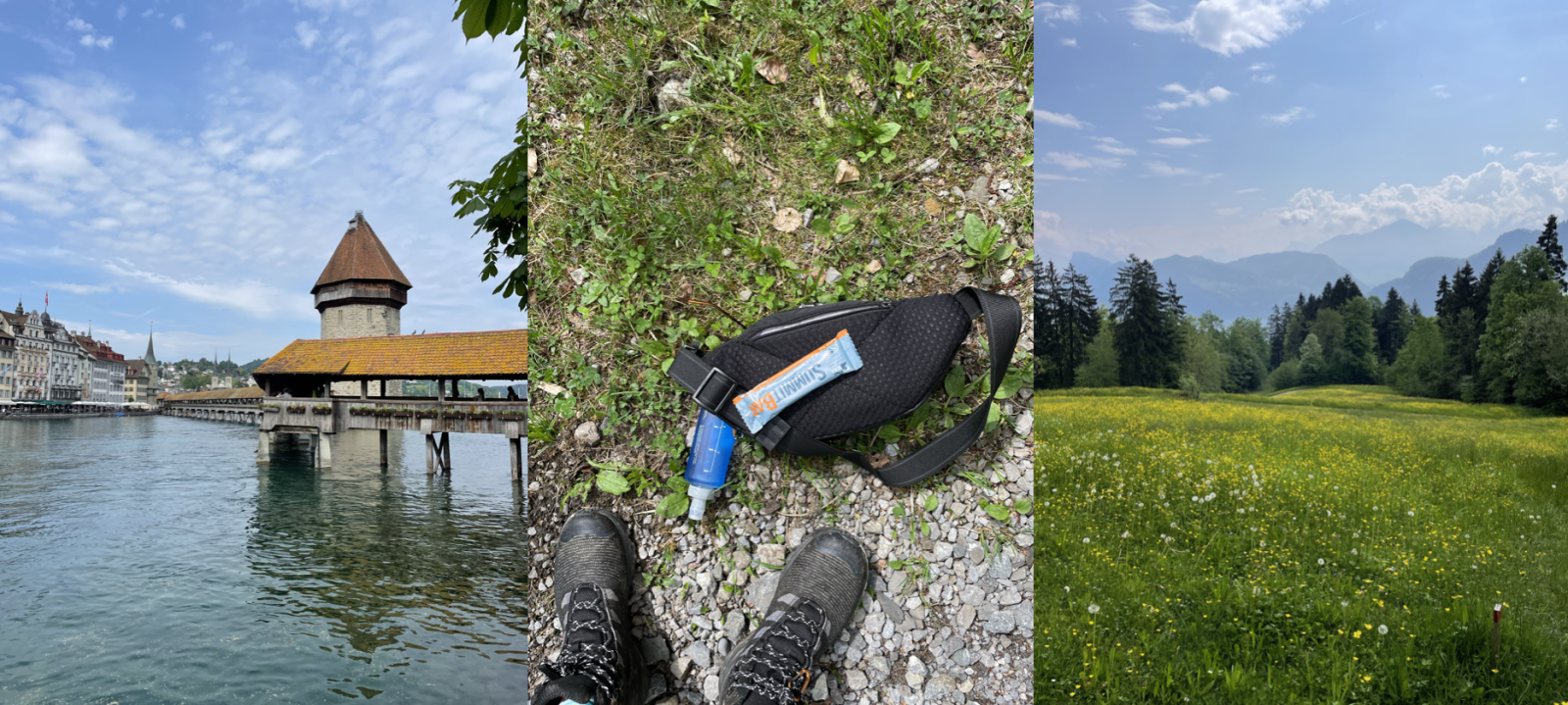 Collage of a river, hiking pack and mountains