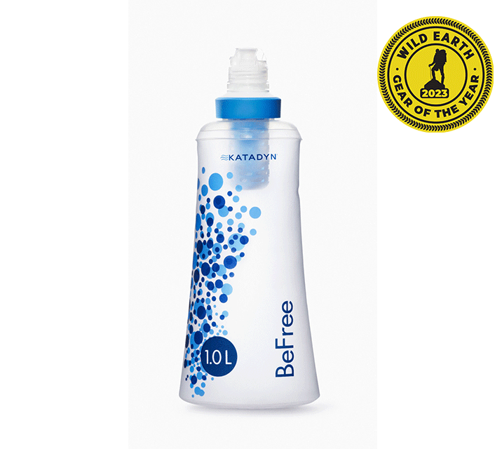 Katadyn BeFree 1L Water Filtration Bottle with the Wild Earth Gear of the Year 2023 logo