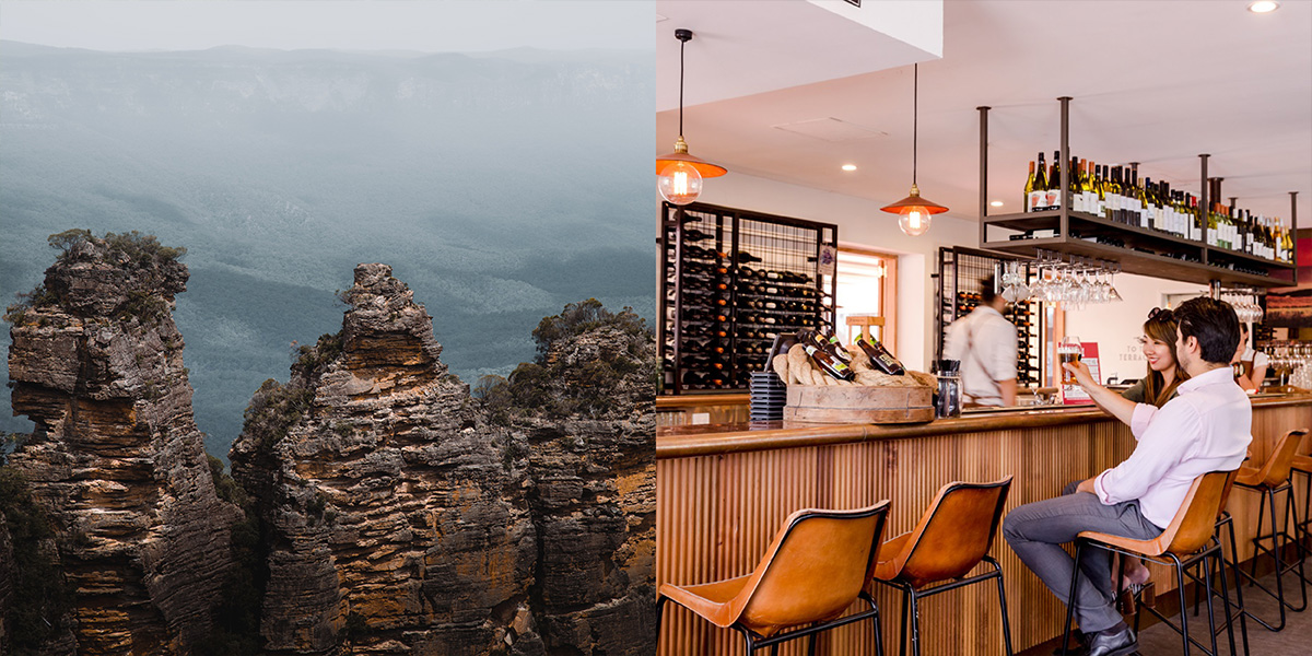 Left: Three Sisters Mountain Range / Right: Man and Woman sitting at the bar at The Lookout