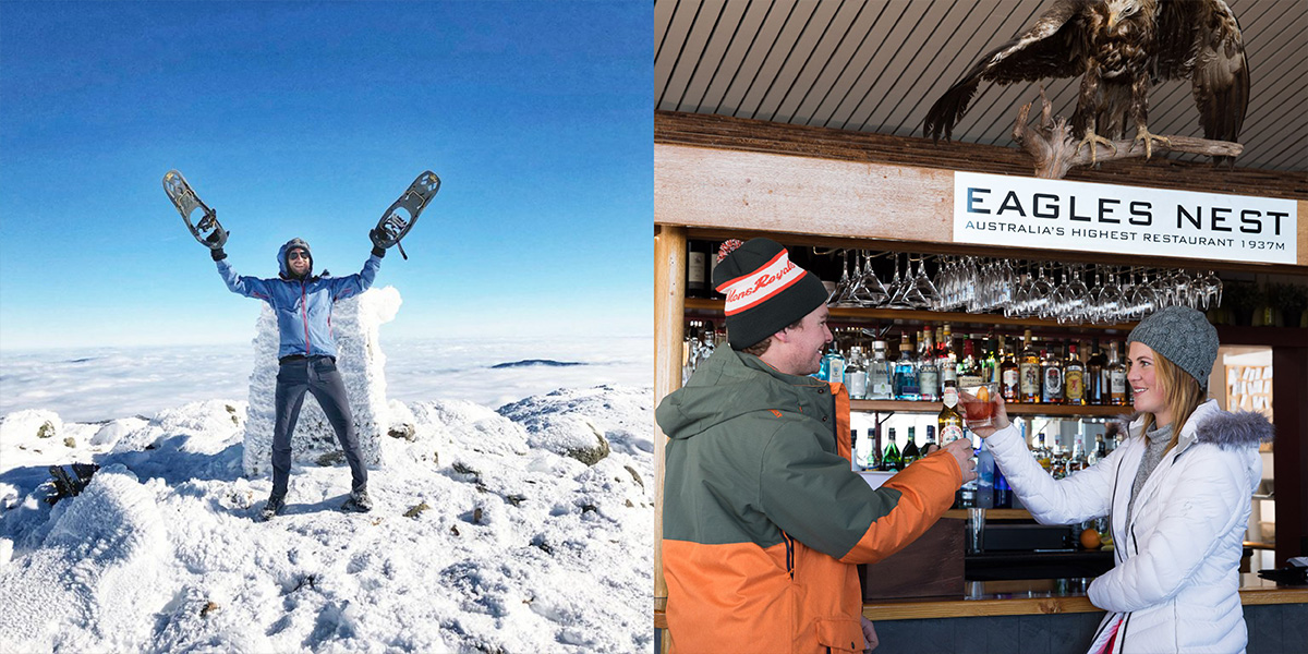Left: Man on top of snowy summit with snowshoes/ Right: Couple at Eagles Nest bar