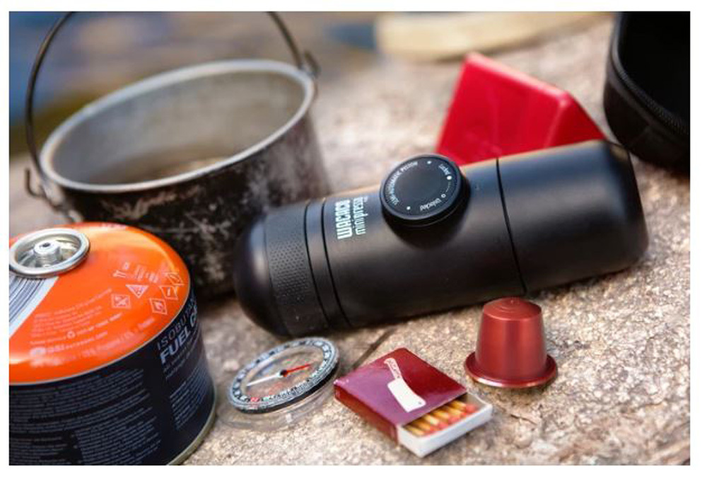 Wacaco Minipresso NS Portable Espresso at a camping kitchen set up