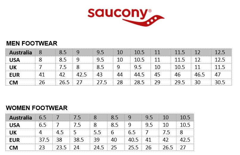 saucony size chart shoes