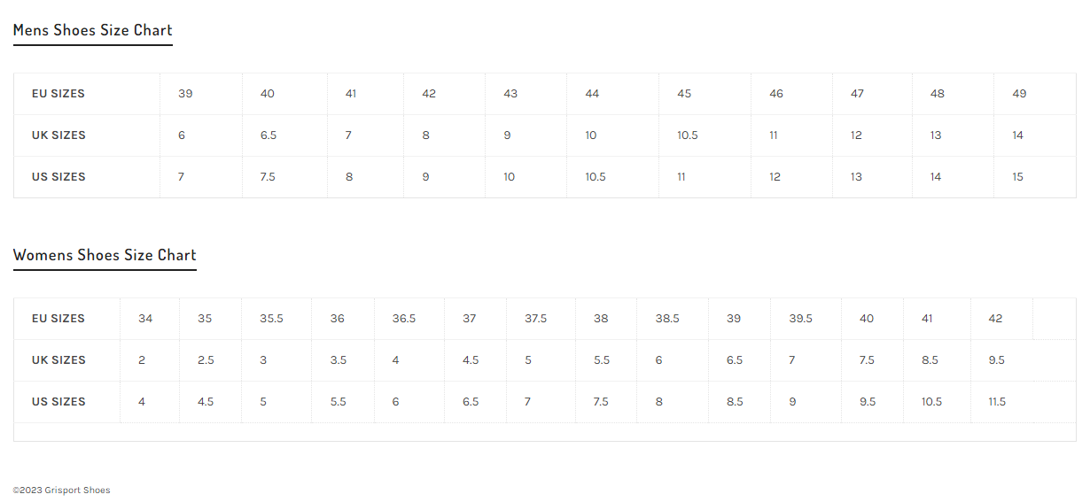 Grisport Sizechart