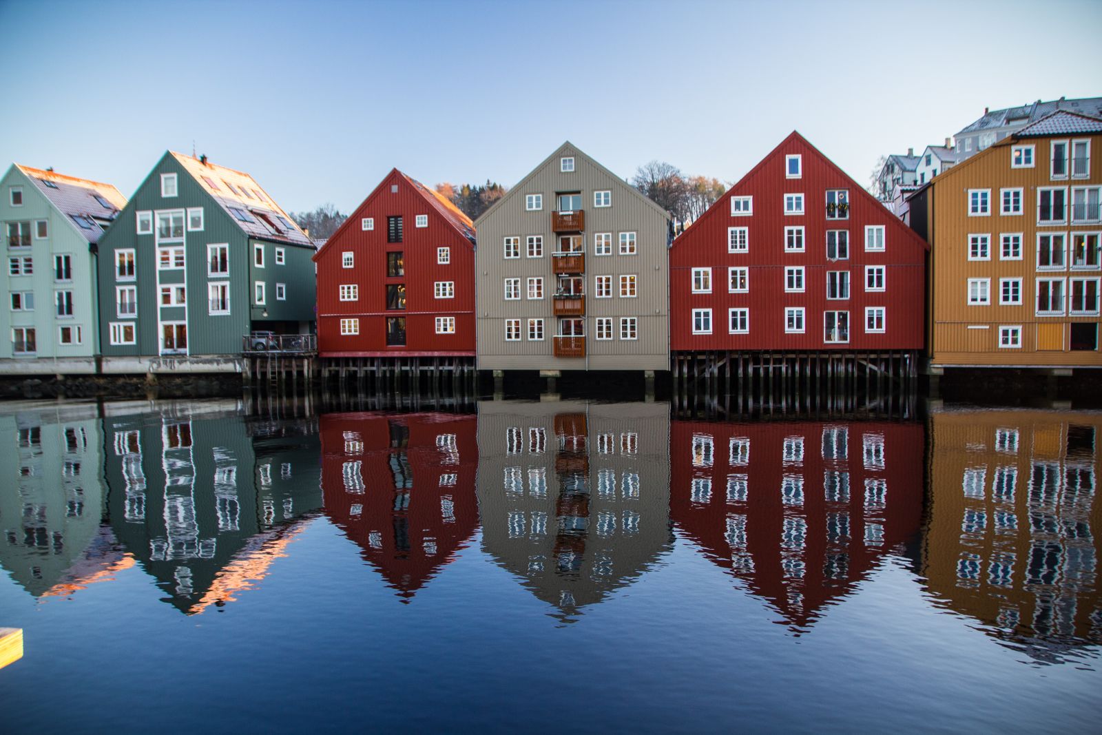 Row homes by a river in Norway