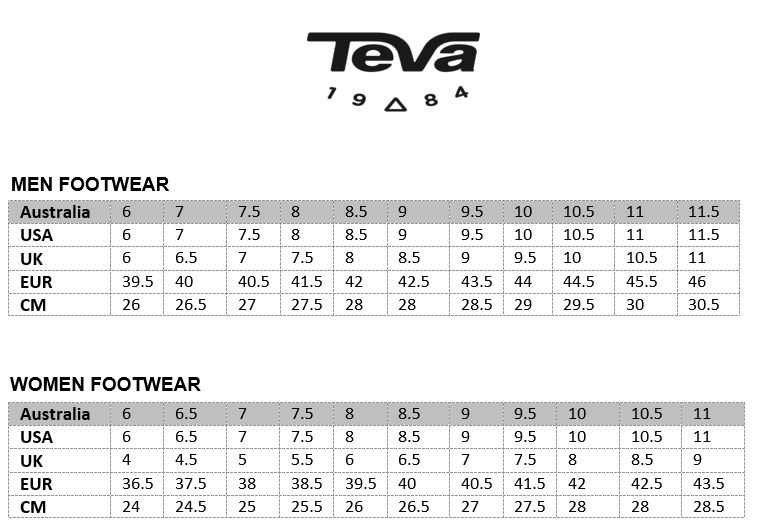 teva womens size chart