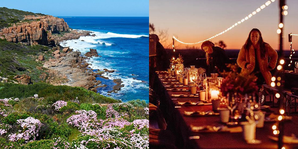 Left: Coastline of Western Australia / Right: Candlelit table at Mr Barval venue