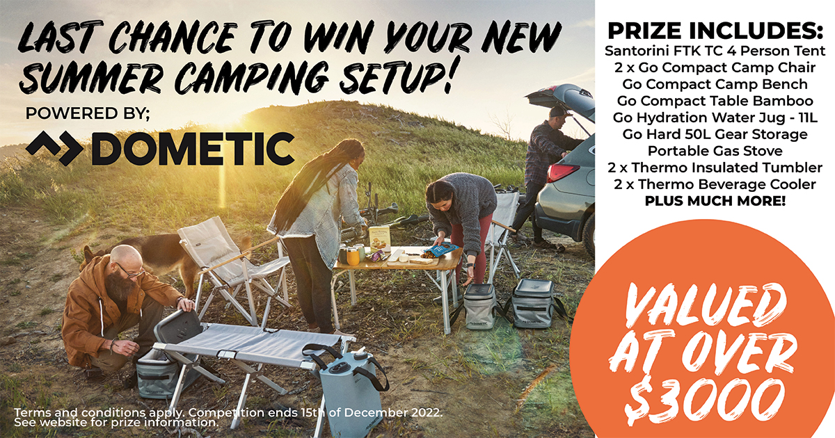 Dometic - Win your Campsite! Image includes family camping by a lake.