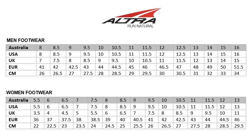 Altra Size Chart: A Visual Reference of Charts | Chart Master