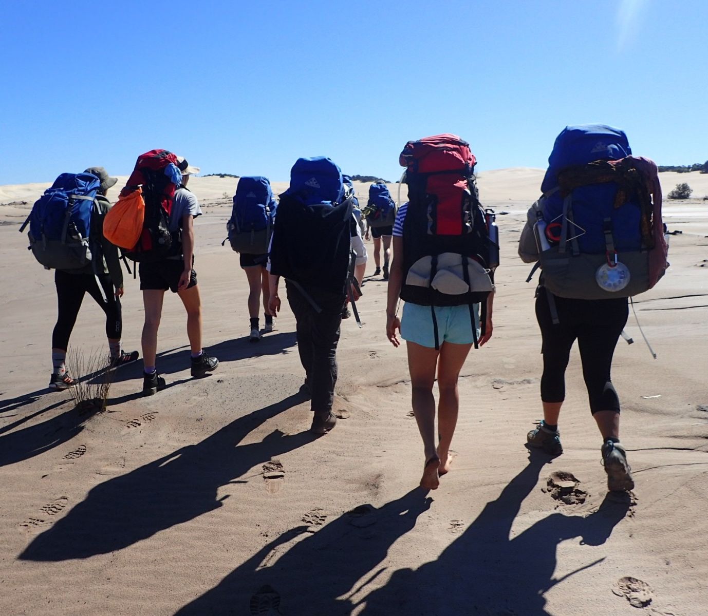 Young people with backpacks walking on the beach barefoot